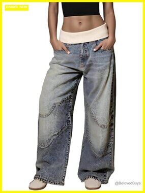 Baggy Cargo Jeans High Waist Patchwork Trendy Vintage Wide Leg Distressed Denim